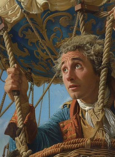 Rozier gripping the edge of the balloon’s basket, his eyes wide with exhilaration as he ascen