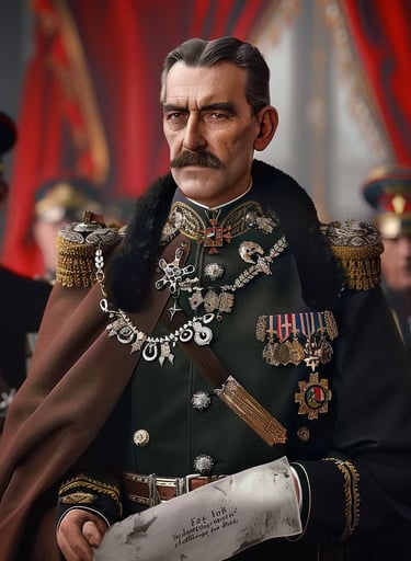 King Alexander I holding the official proclamation, dressed in formal royal attire 
