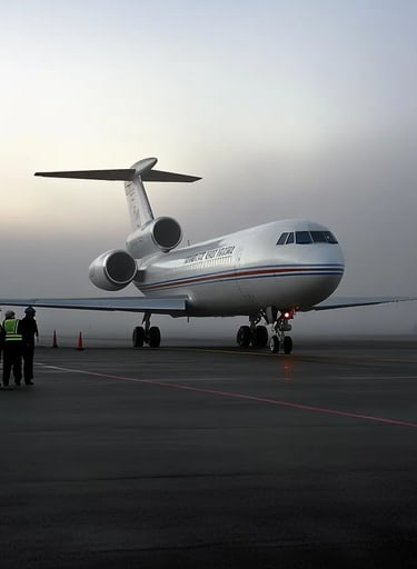 Boeing 727 taxis onto the runway beneath a smoky sky