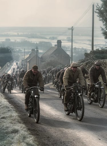 pack of racers leans into a bend on gravel roads, pistons thudding and smoke wavering behind