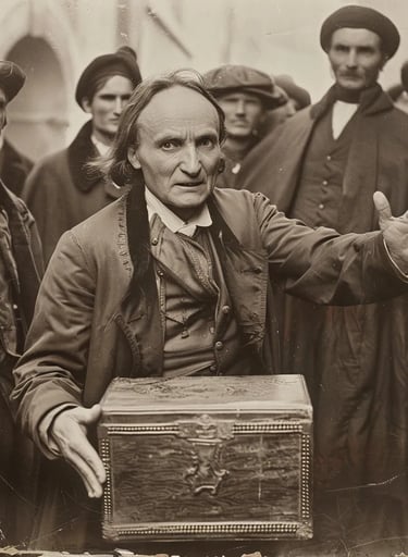 Robert-Houdin standing beside a large iron chest