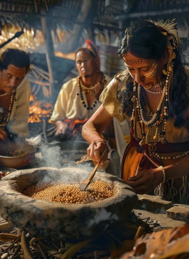 Taino woman roasting maize over an open fire