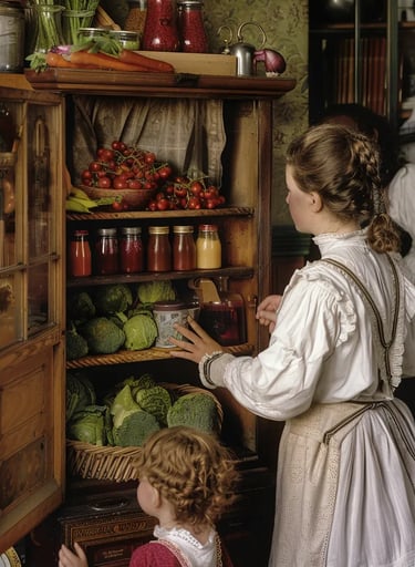 wooden icebox featuring Elkins’ innovative cooling system, with fresh vegetables inside