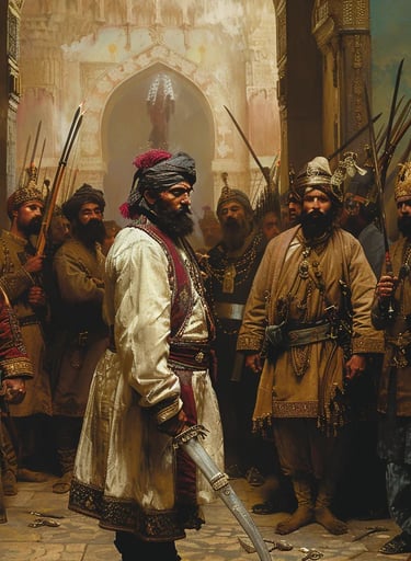 hah Shuja standing before Akbar Khan