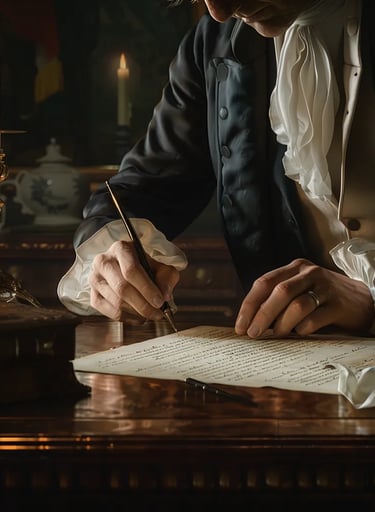ohn Adams seated at a wooden desk, dipping a quill into an inkwell as he writes a letter to Abigail