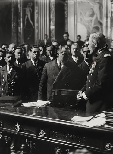 King Victor Emmanuel III standing at a grand wooden desk