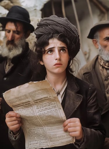 ewish settlers reading the Balfour Declaration in a small stone-walled settlement