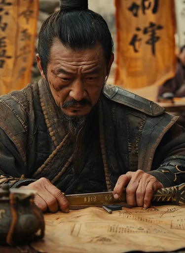 Close-up of a battle-hardened Jin commander, his hands resting on the hilt of his sheathed sabe 