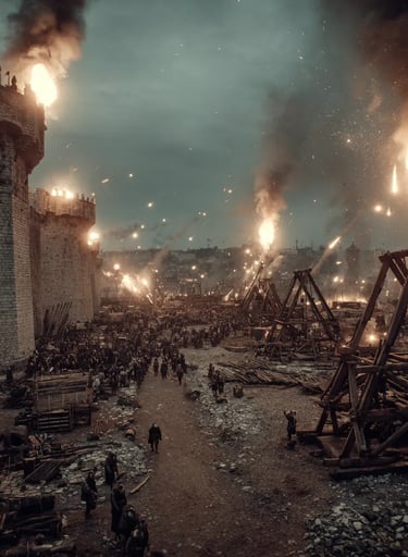 smoking catapults hurling flaming stone into battlements