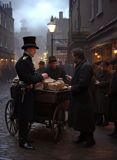 a London policeman in 1829 stopping to speak with a street vendor