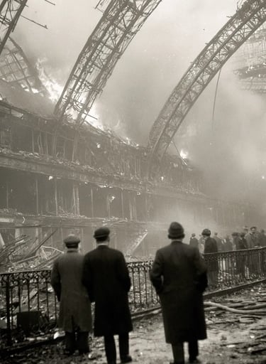 Crystal Palace interior ablaze: towering iron rafters bend in orange-red flames, shattered glass pan