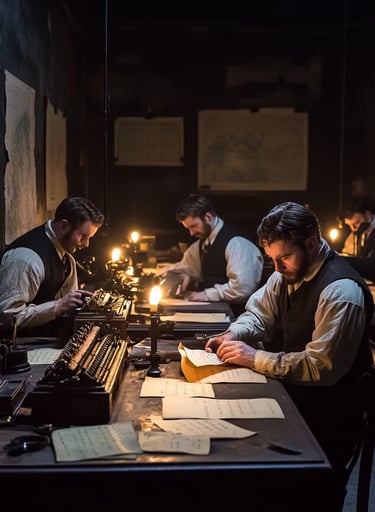 London telegraph office, 1851, gas-lit room lined with mahogany desks and brass instruments, 