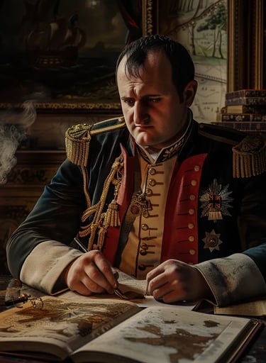  Napoleon seated at an ornate wooden desk, scribbling notes in his memoirs