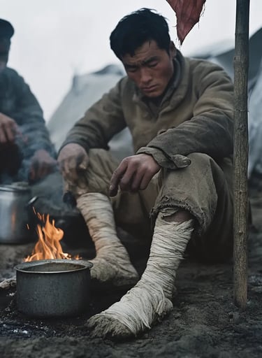 wounded soldier sitting beside a campfire, wrapping his frostbitten feet with strips of cloth