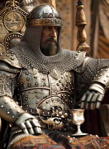 Baibars seated inside an opulent military tent, his steel-plated gauntlets resting 