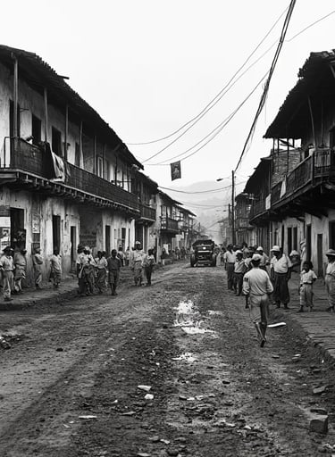 Urban street scene in Managua, dusty roads lined with Spanish-style buildings