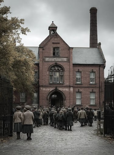 Outside a newly built red-brick elementary school in Manchester, October 1870