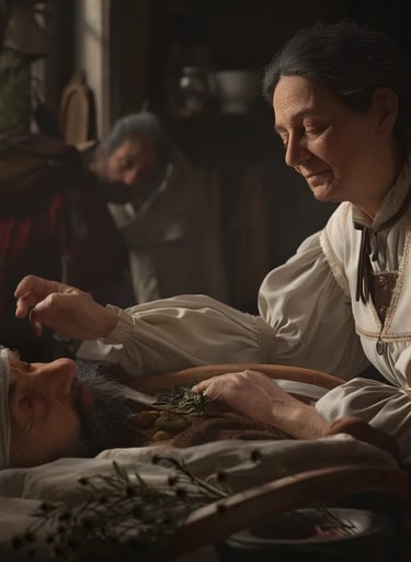 Jeanne Mance tending to a sick patient on a simple wooden cot inside the hospital