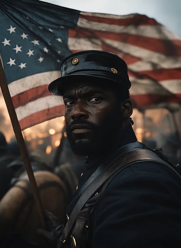 Black soldier holding the American flag aloft, even as his fellow troops fall around him