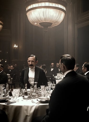 a grand banquet in 1916, where Rockefeller is being toasted by businessmen in tuxedos and evening dr