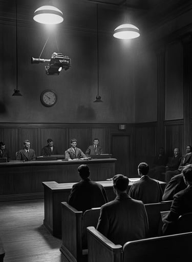 New York City, 1941, packed courtroom under fluorescent banks and mahogany paneling