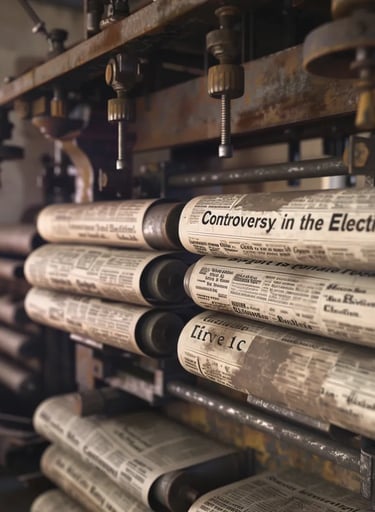  printing press rolling out freshly printed newspapers with bold headlines: "Controversy in the Elec