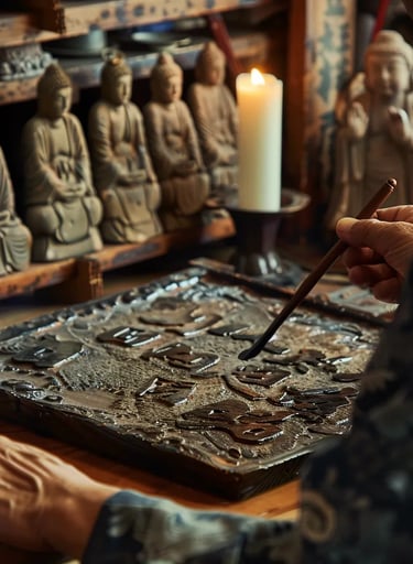 f Nichiren’s hands carving sacred kanji into a wooden tablet