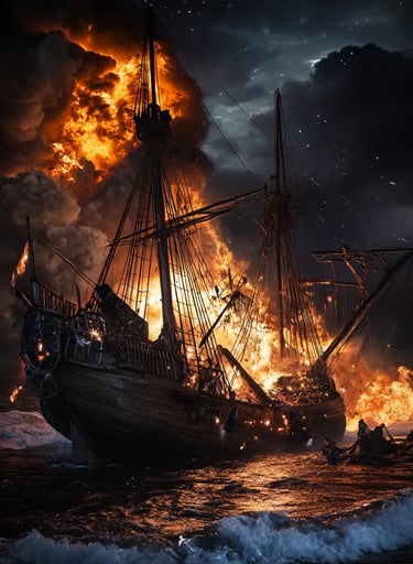 Night sky split by massive fiery explosion aboard the wooden ship