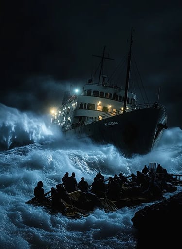 Nighttime scene as the Hilda lists heavily after striking submerged rocks