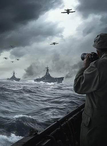 formation of Japanese carriers and destroyers glides through glassy gray waters