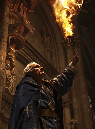 Notre-Dame Interior, 1793 – Close-up of a revolutionary priest dressed in a flowing blue robe