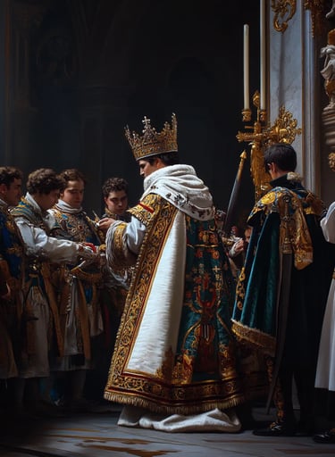 Paris, 1804, interior of Notre-Dame Cathedral at early morning: candlelit nave shimmering on French