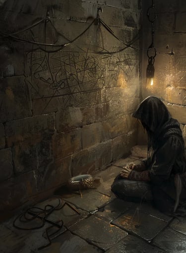 a bound prisoner sitting on the cold stone floor of a dungeon