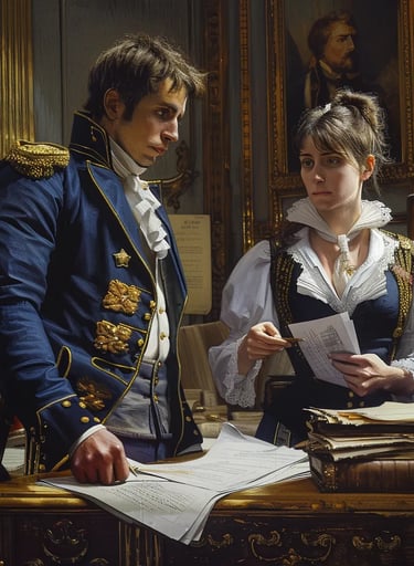Parisian Police Station, 1800 – Close-up of a woman standing before a stern-faced officer