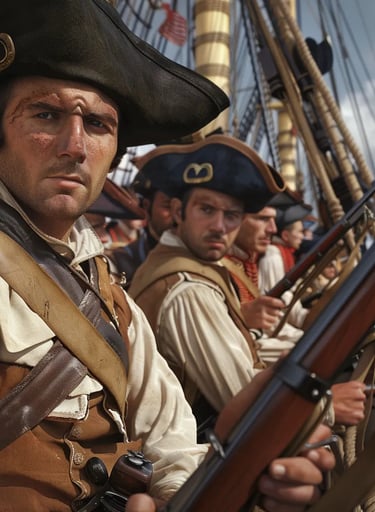 newly formed Marine unit loading muskets behind the deck rails of a naval ship