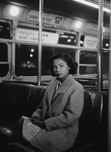 The seamstress sits near mid-section, hands folded over a leather handbag, gaze steady