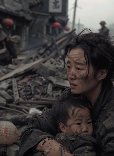 Ruined District, Shanghai, 1937 – Close-up of a young Chinese mother clutching her child