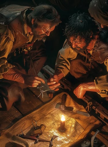 three mutinous sailors huddled below deck by flickering candlelight.