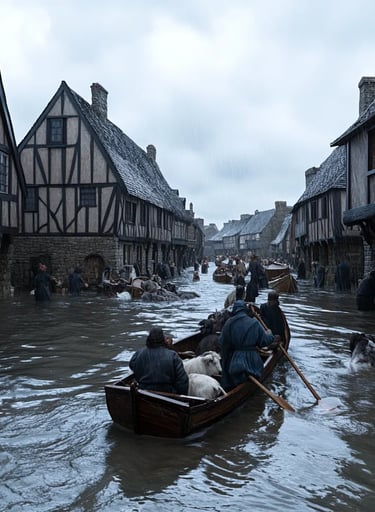 seawater engulfing narrow village streets, timber-framed houses half-submerged