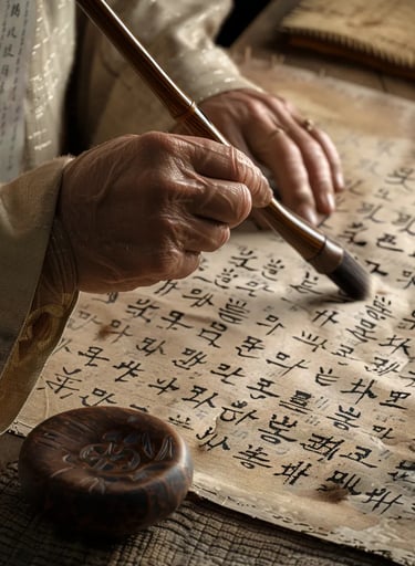 cholar writing the first Hangul characters with a bamboo brush on rice paper