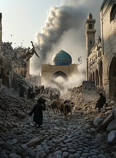 Shamakhi 1667 earthquake destruction as buildings collapse and people flee.