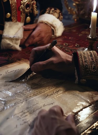 a quill scratching across parchment as the Declaration of Independence is officially signed