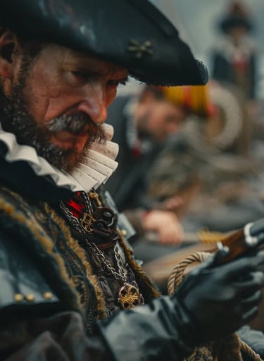  a Papal officer in a ruffled collar inspecting a flintlock arquebus