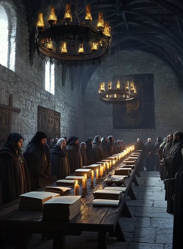 stone interior of a 13th-century hall with flickering torchlight illuminating somber faces