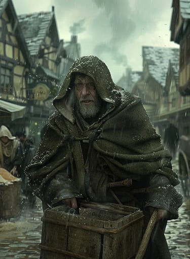 frightened merchant gripping a wooden cart as powerful gusts overturn market stalls