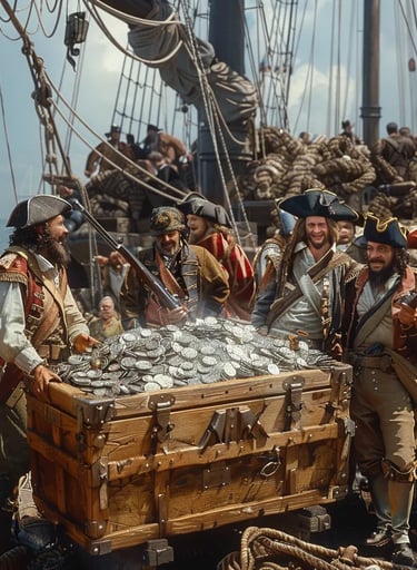 large wooden chest overflowing with silver and florins being loaded onto Cassard’s pirate ship