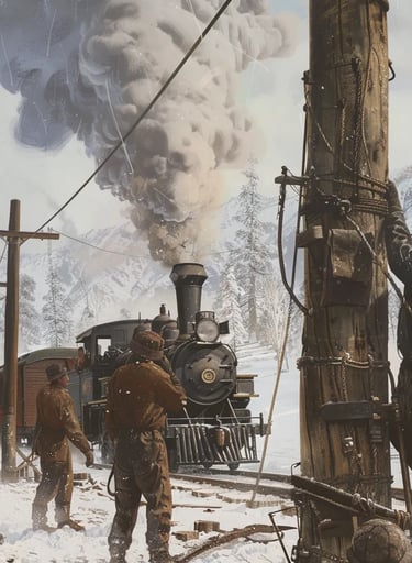 rugged workers in dusty clothes hammering a telegraph pole into the frozen ground
