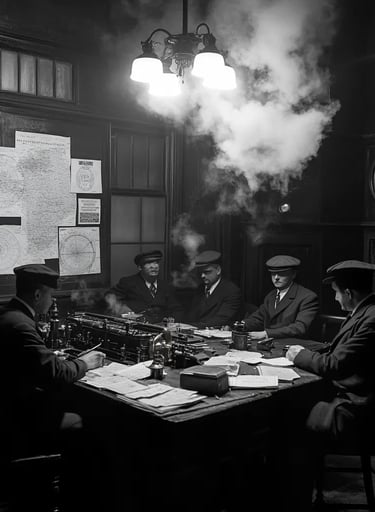 Telegraph room at noon, railroad executives and engineers gathered 