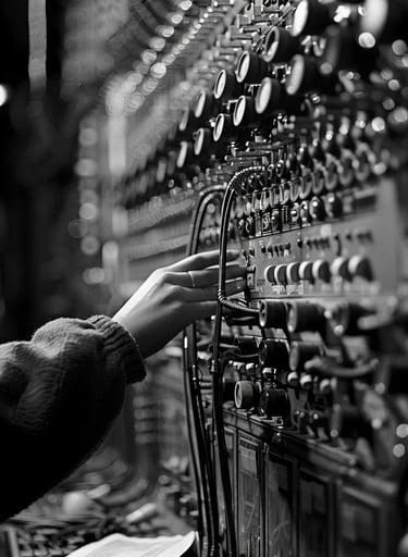 Telephone Exchange, 1951 – Close-up of an operator’s hand pressing buttons on a massive switchboard