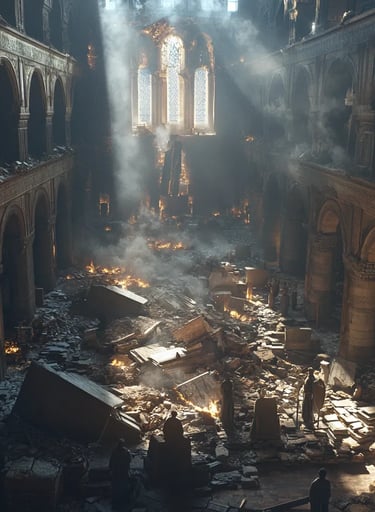 a man standing in a church with a fire in the background